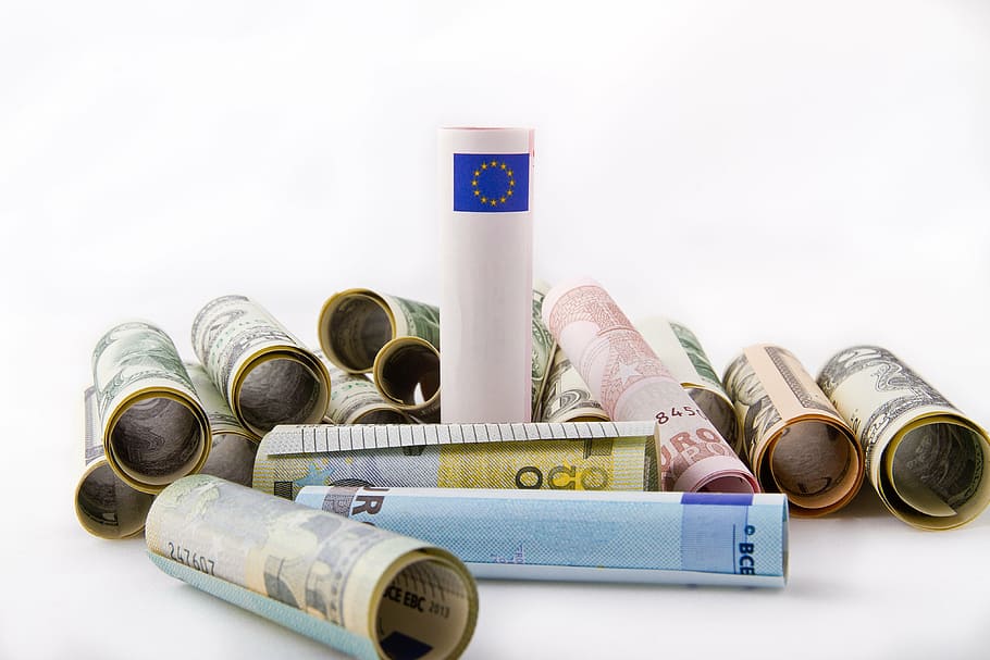 rolled banknotes, euro, dollar, the european union, currency, crisis, coins, business, bank, paper