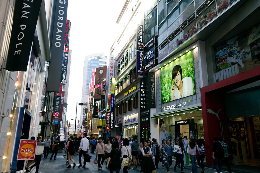 puma store signage, daytime, myeongdong, seoul, korea, south, korean, city, tower, urban