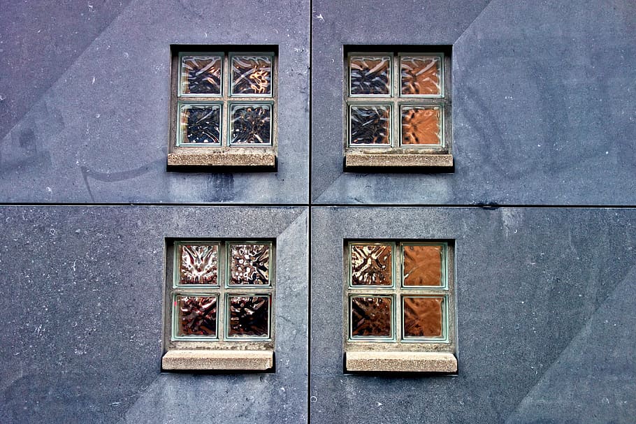 window, pane, glass, sill, window case, frame, wall, building, symmetry, four windows