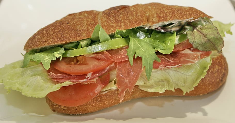 sandwich, ham, smoked, food, dining, salad, tomato, healthy, lunch, finger foods