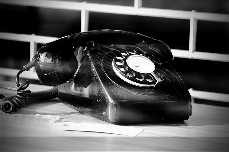 grayscale photography, rotary, telephone, white, metal window grille, phone, call, old, black, number