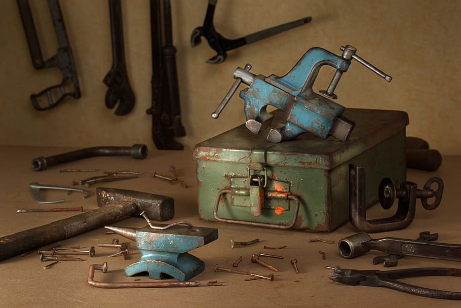 yunque, vicio, herramientas, vintage, bodegón, metal, acero, trabajo, antiguo, instrumento