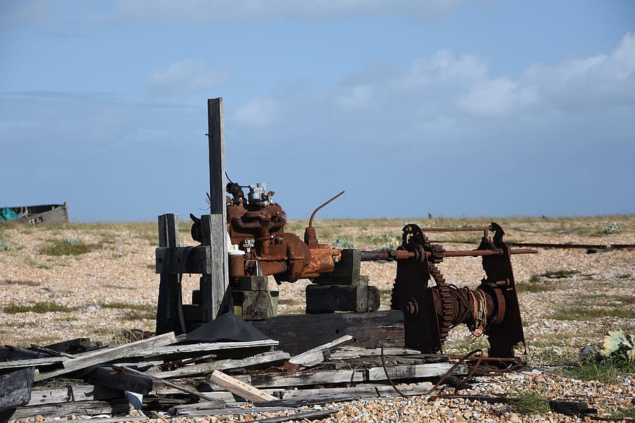 abandoned, machinery, dungeness, industry, fishing, coastal, rusting, sky, day, nature