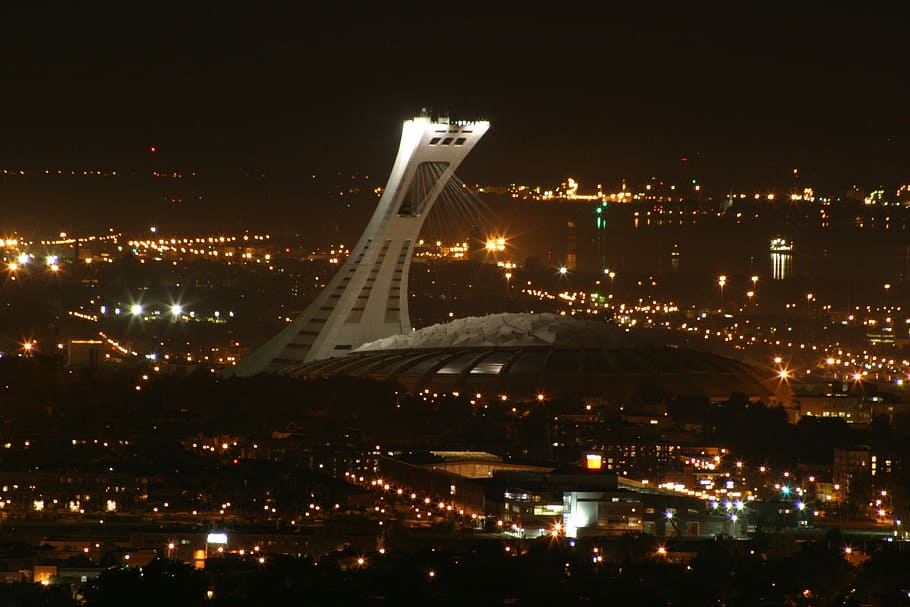 aérea, vista, noite, estádio, vista aérea, à noite, noite de, Montreal, Quebec, Canadá