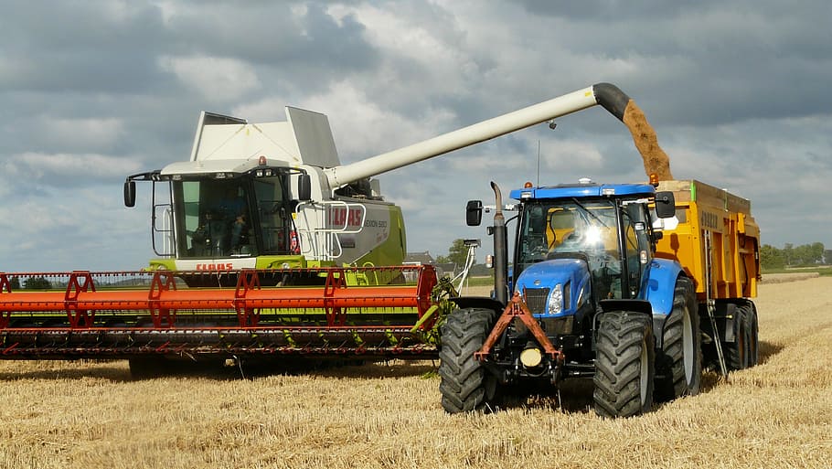 white, green, harvester, blue, tractor, yellow, trailer, harvest, grain, combine