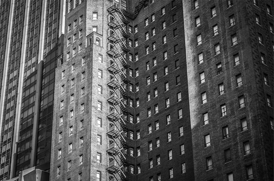 grayscale photo, high-rise, building, grayscale, highrise, buildings, apartment, city, urban, architecture