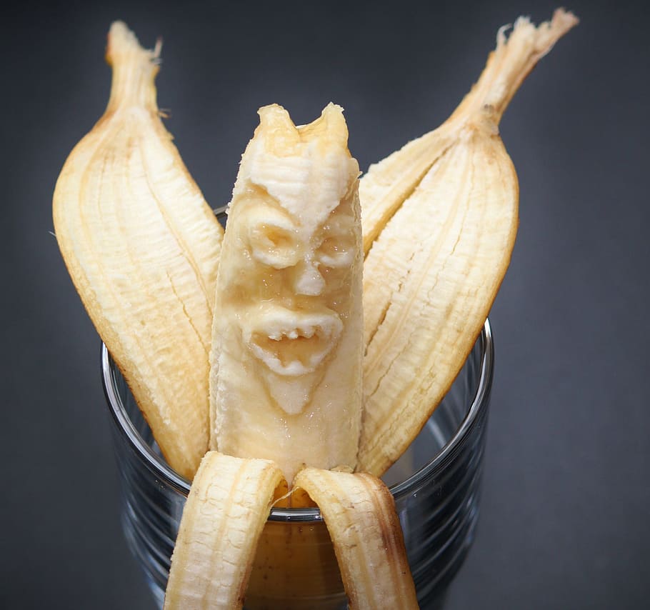 escultura de plátano, cara, plátano, plátanos, cáscara de plátano, monstruo, comida, diseño de alimentos, arte, decoración