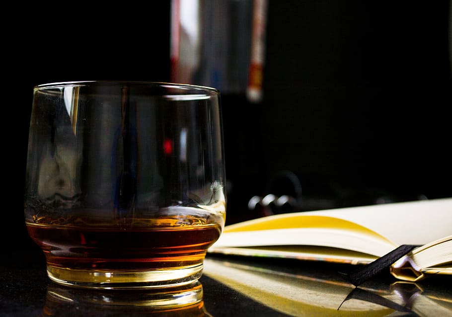 clear, shot glass, liquor, glass, whiskey, book, address book, reading, alcohol, pub