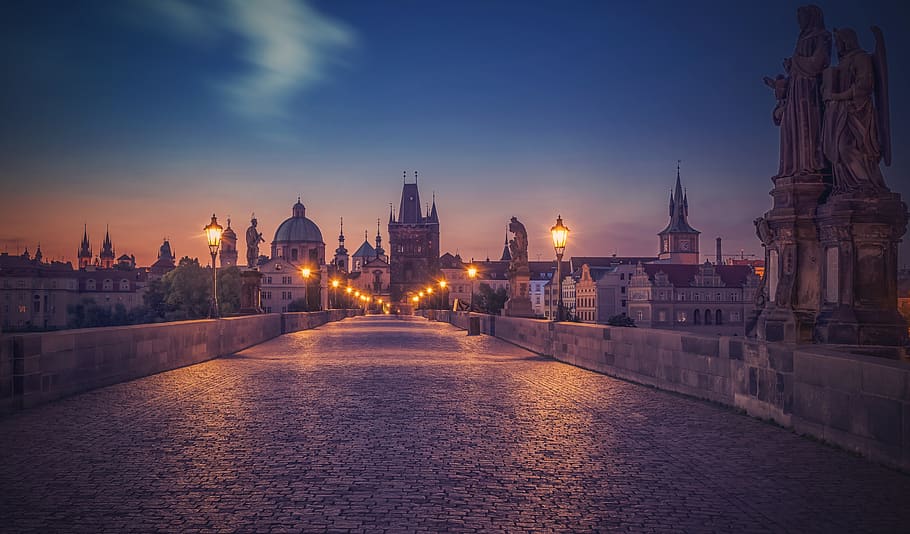 Praha, Jembatan Charles, Ceko, Republik Ceko, Jembatan, malam, patung, Roman, simbol, Arsitektur