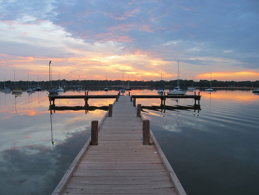 view, brown, wooden, dock, lake, sunset, serene, boats, pier, sailboat