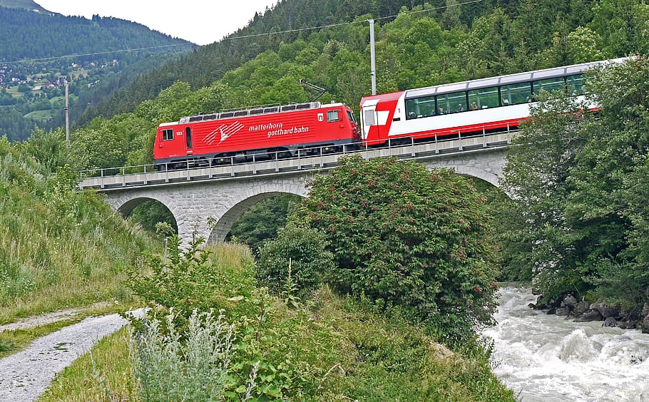 switzerland, valais, rack railway, slope, glacier express, the matterhorn-gotthard railway, mgb, valley crossing, stone viaduct, fiesch bach
