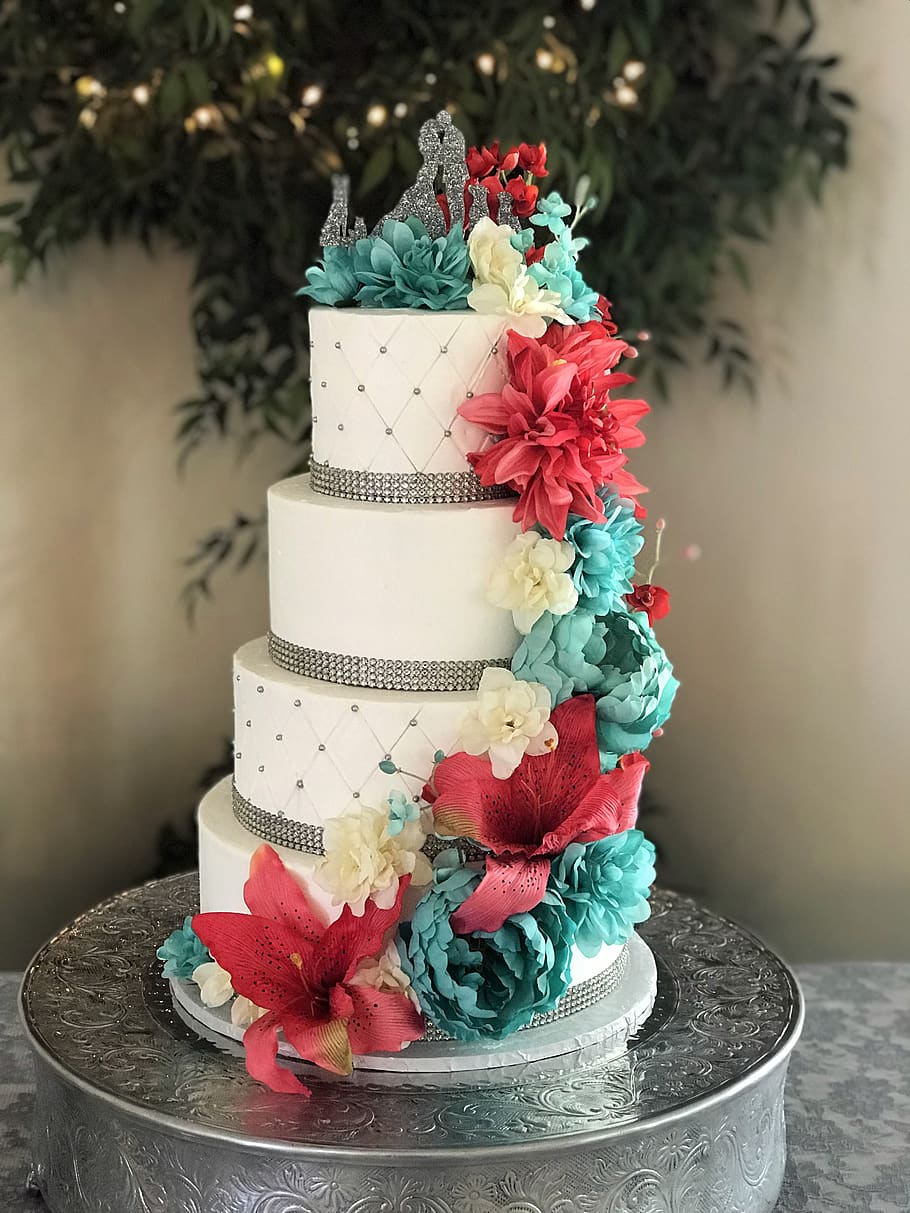 wedding cake, cake, flowers, cakes, wedding, dessert, sweet, food, icing, decoration