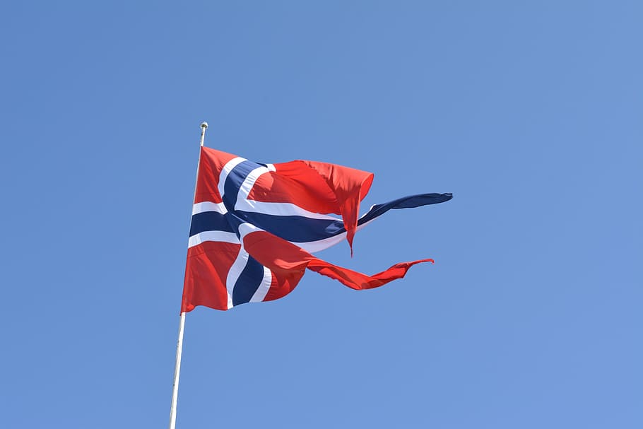 ノルウェー, 旗, 旅行, ノルウェー語, 国旗, フラグ, 愛国心, 青, 空, 風