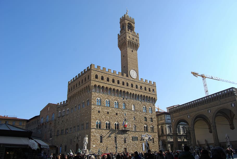 crowd gathering, front, gray, concrete, building, Palazzo, Old, Florence, Italy, Works, florence