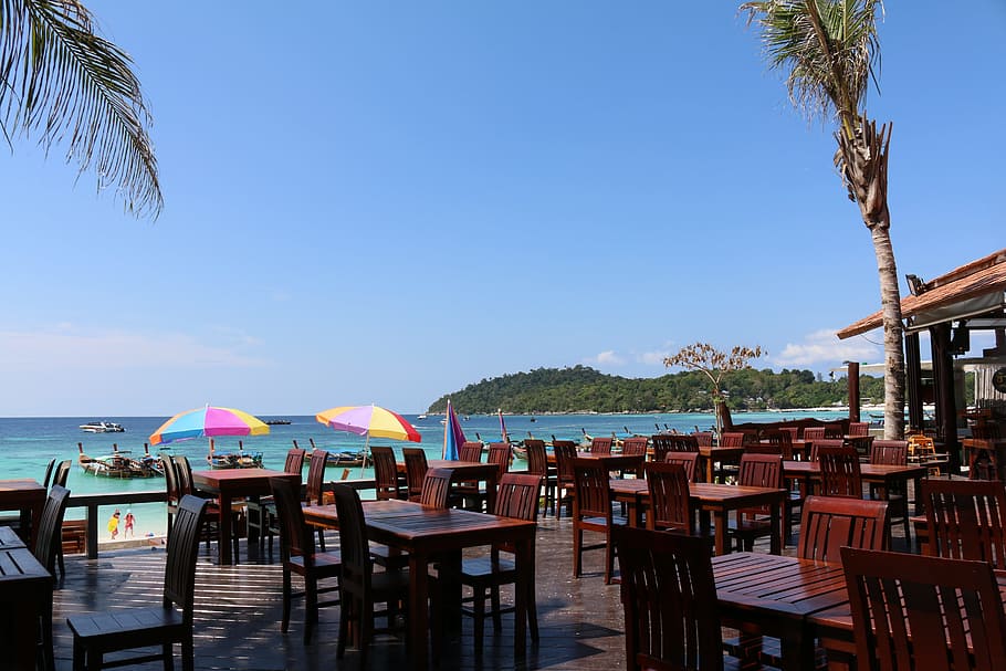바다, 발코니, 해변, 태국, 의자, 표, 좌석, 레스토랑, 나무, 하늘