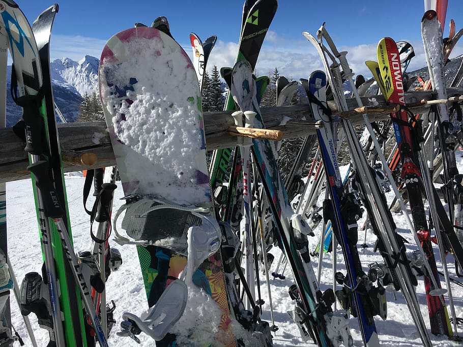 snowboard, skis, railings, winter sports, mountains, snow, ski, austria, sports, alps