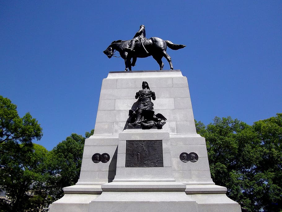 Monument, Statue, Architecture, Figures, horse, stone, sculpture, army soldier, tree, clear sky