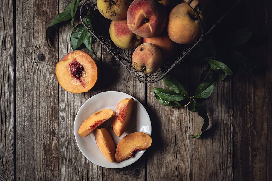 peaches, top, view, fresh, fruit, table, basket, wood, slices, plate