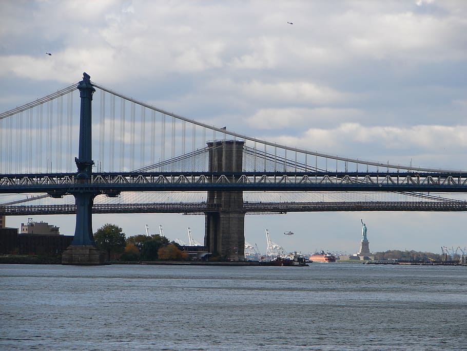 statue of liberty, brooklyn bridge, bridges, new york city, united states, east river, big apple, bridge, built structure, architecture