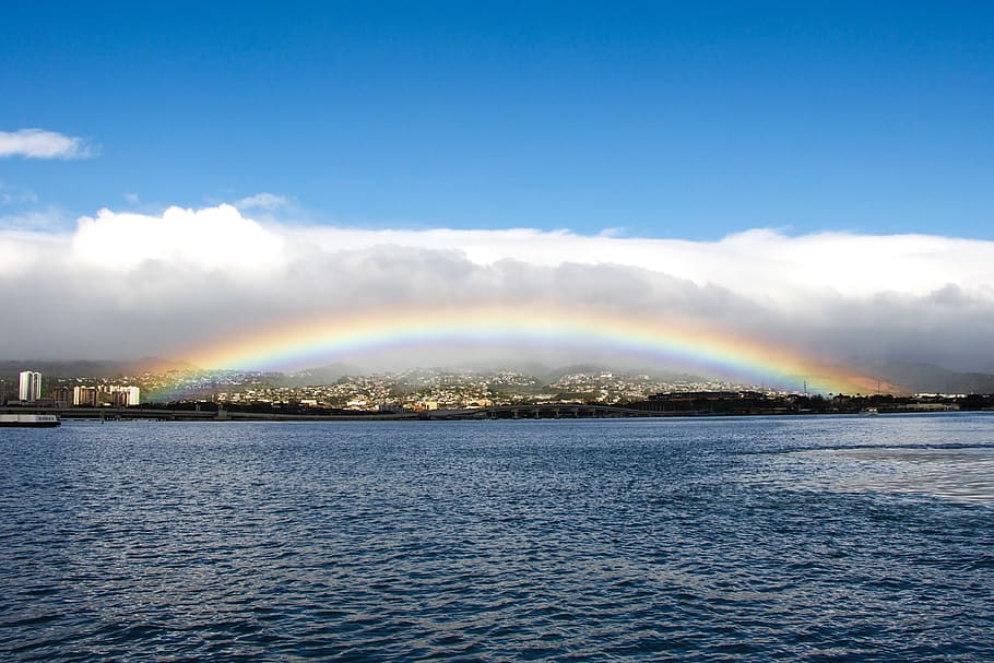 panoramic, photography, rainbow, ocean, panoramic photography, honolulu, oahu, pearl harbor, rainfall, storm