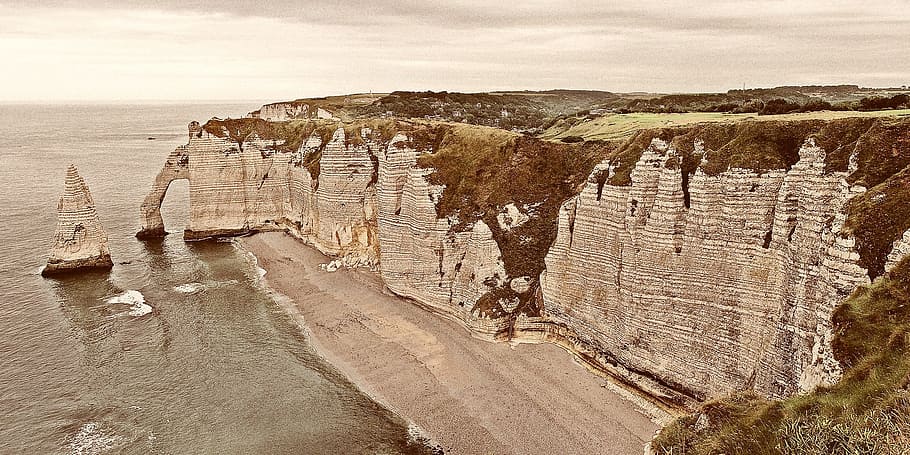 gray, brown, mountain, body, water, etretat, sea, france, normandy, holiday