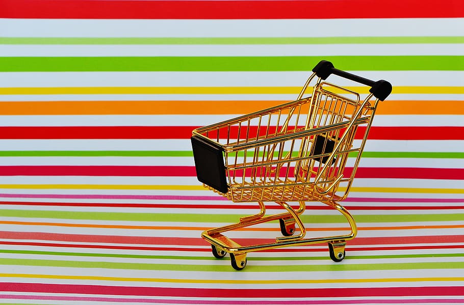brass-colored shopping cart, Shopping Cart, shopping, purchasing, candy, trolley, shopping list, food, list, trolleys