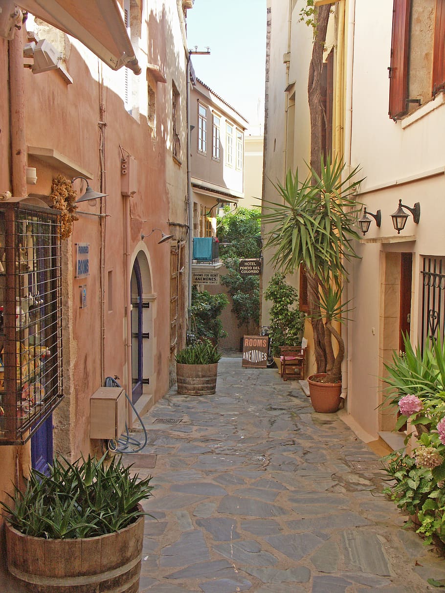the old town, old houses, street, architecture, green, pots, summer, greece, crete, chania