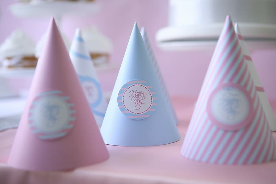 party hats, white, wooden, table, wooden table, birthday party, cap, party, indoors, pink color