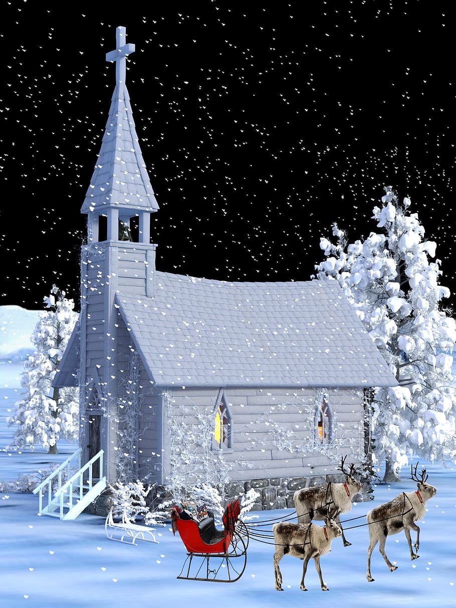 reign deer, sled, gray, house, digital, wallpaper, church, winter, christmas, sledge