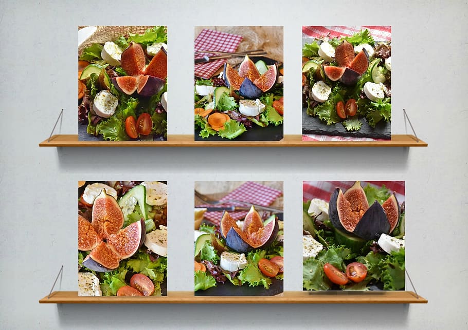 enam, bingkai foto buah aneka warna, salad, buah ara, keju, keju kambing, campuran salad, kolase, starter, makanan