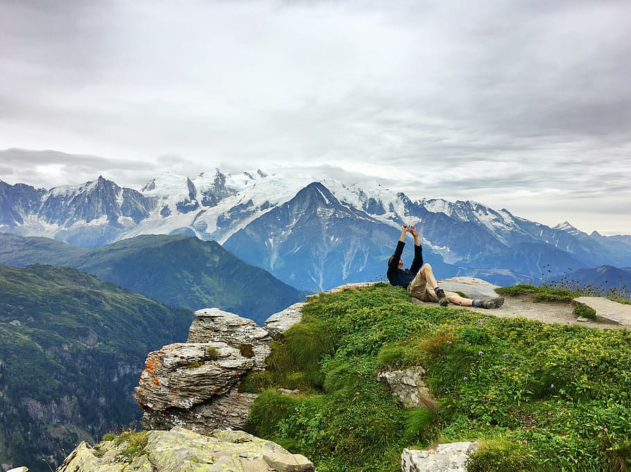 man, taking, selfie, cliff, resting, person, edge, french alps, rock, nature
