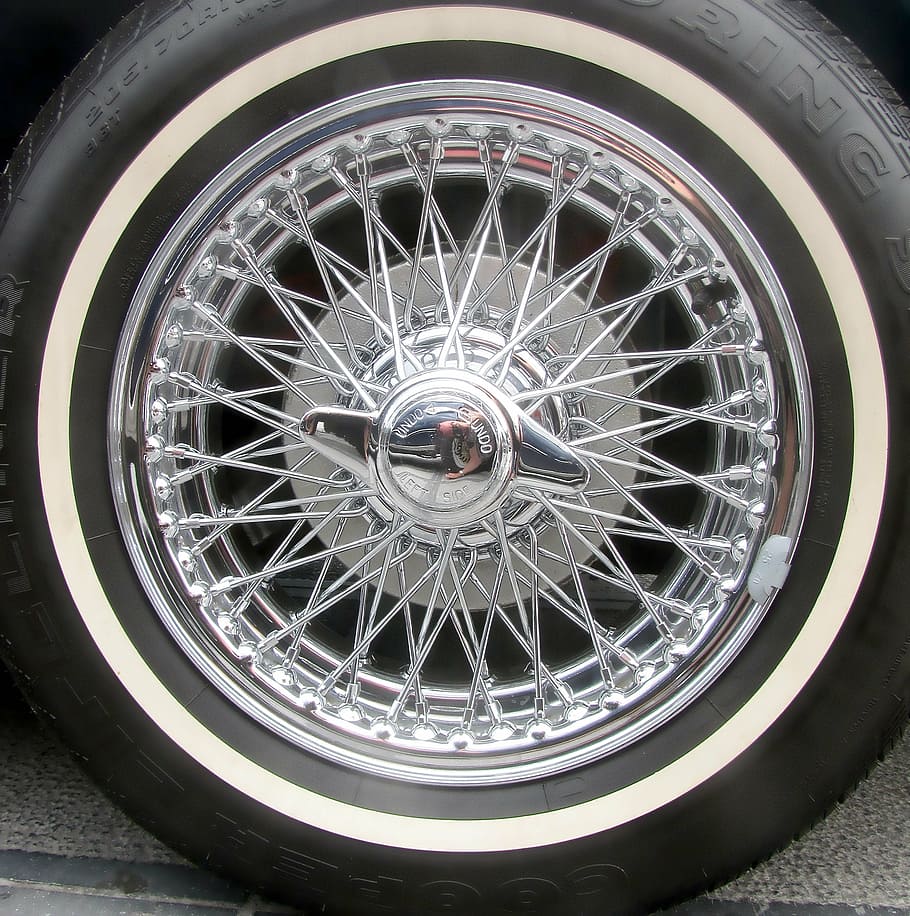 chrome, car wheel, spoke wheel, oldtimer, vintage car, sportscar, wheel hub, rim, automotive, white belt