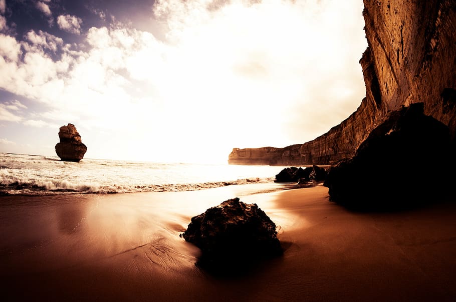 landscape photography, seashore, beach, boulder, dawn, dusk, landscape, motion, ocean, rock