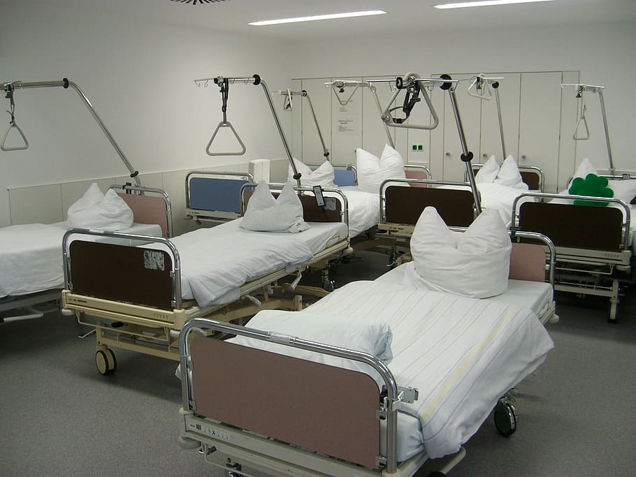 six, assorted-color hospital beds, hospital, bedside, beds, ceiling, rod, station, germ, gallows