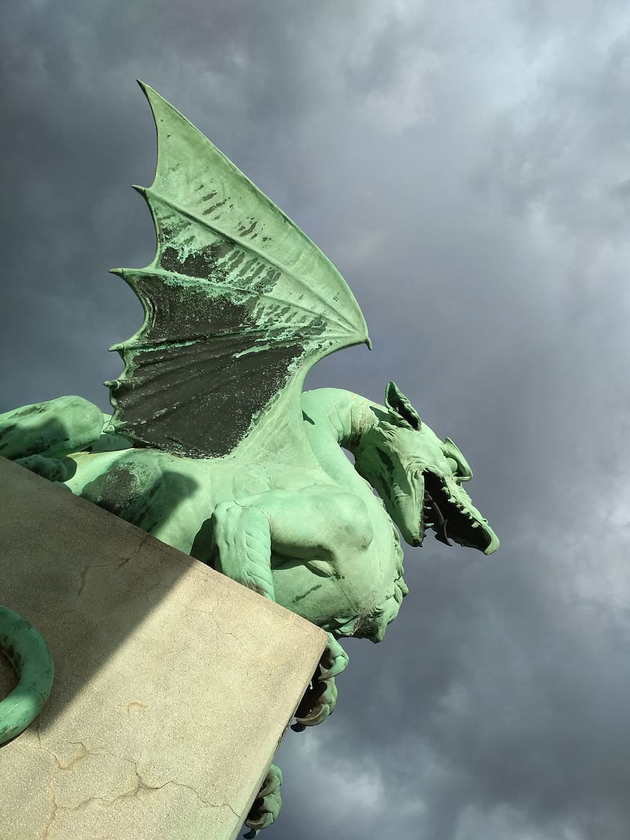 ljubljana, slovenia, tourism, history, dragon, the dragon bridge, the statue of, sky, sculpture, cloud - sky