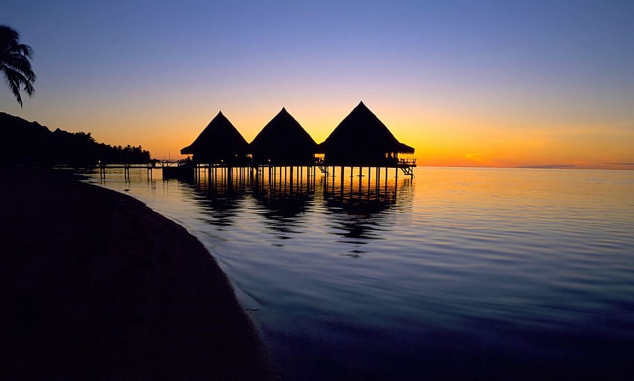 silhouette, three, house, middle, sea, tahiti, water, sunset, tropical luxury, travel