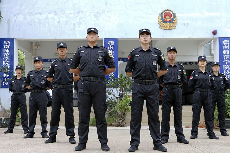 jiangxi normal, xiaowei dui, campus safety, group of people, law, police force, men, government, uniform, clothing