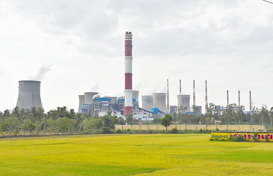white, red, tower, trees, power plant, thermal, coal, smoke, energy, electricity