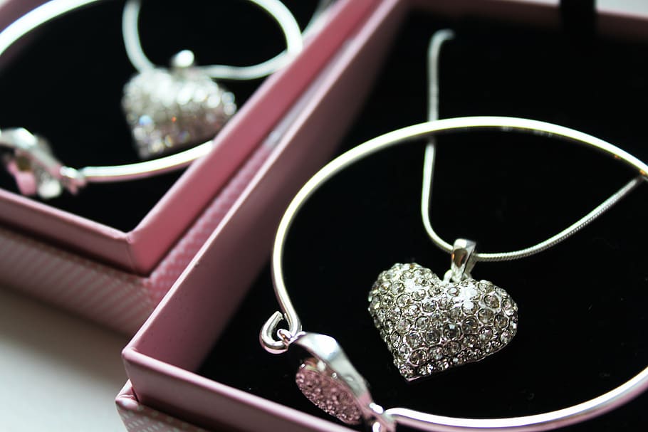 silver-colored bangle, necklace, box, wedding, bridesmaid, bride, celebration, dress, love, female