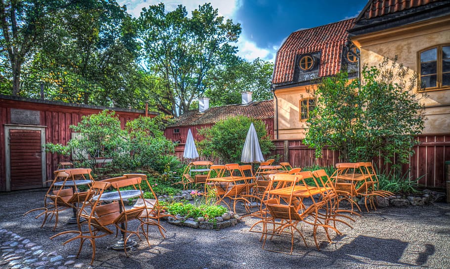 brown picnic tables, café, restaurant, skansen, dining, outdoors, sweden, stockholm, europe, european