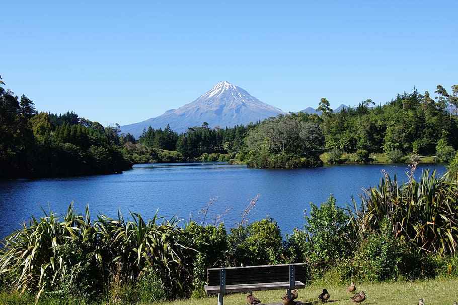 gunung taranaki, selandia baru, pulau utara, lanskap, hijau, langit, perjalanan, maori, alam, plymouth baru