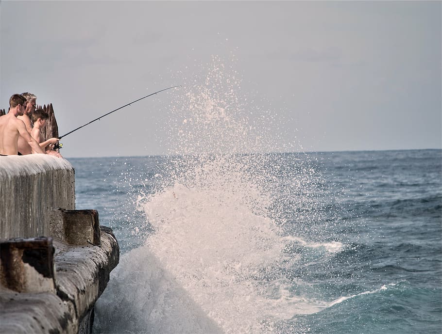 muchachos pescando, durante el día, hombres, pesca, foto, muelle, salpicadura, agua, océano, mar