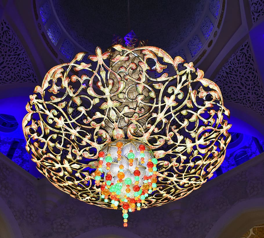abhu dhabi, Sheikh Zayed Mosque, chandelier, light, unique, religion, islamic, mosque, islam, dome