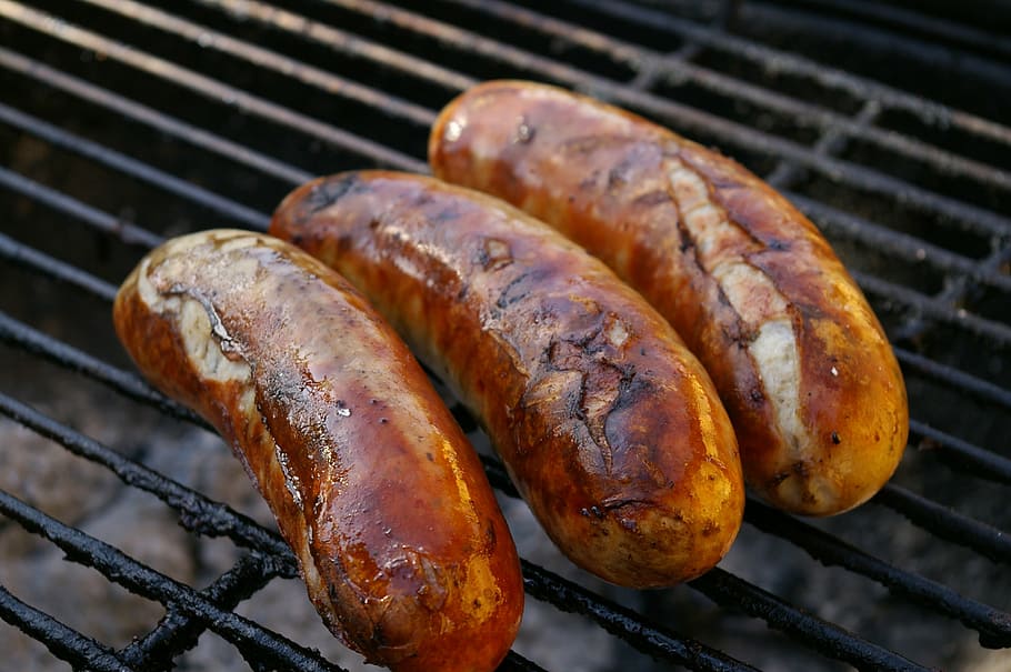 three grilled sausages, grilled meats, barbecue, meat, grill, delicious, eat, grilled, charcoal, tasty