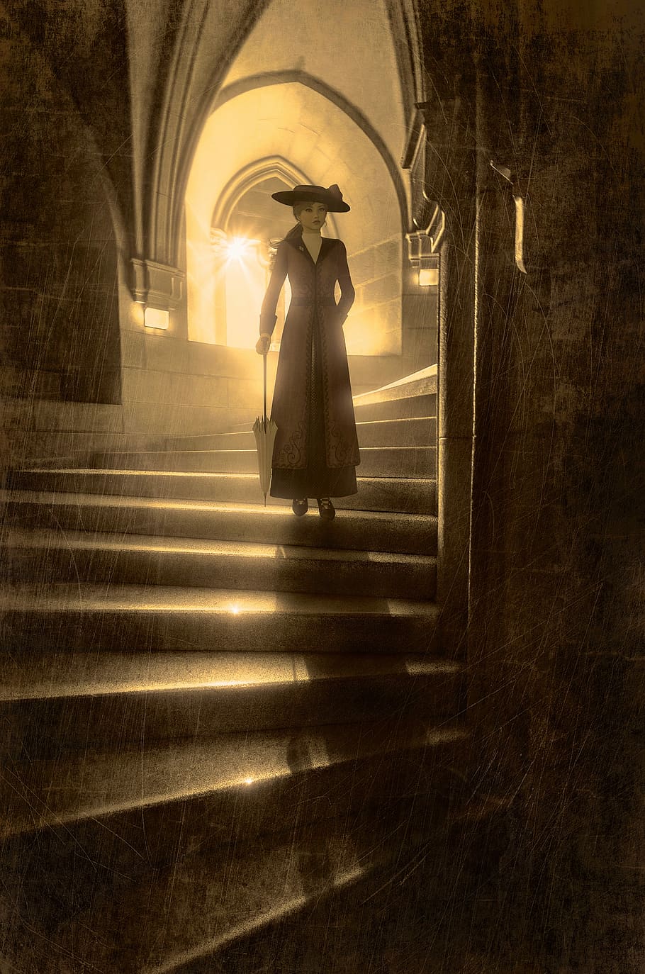 woman, walking, stairs painting, book cover, stairs, back light, shadow, mystical, composing, photo montage
