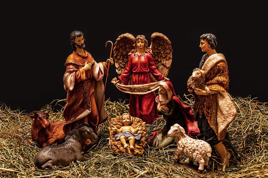figuras de presépio de natal, criança de jesus, nascimento de jesus, maria, joseph, jesus, pastor, anjo, cena da natividade, figuras