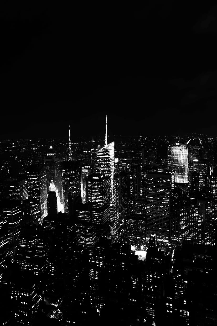 aerial, photography, high-rise, buildings, nighttime, black, white, night, dark, architecture