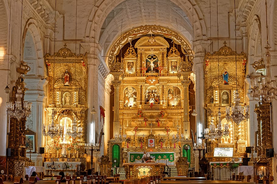 interior de la iglesia de color bronce, iglesia, goa, religión, altar, catolicismo, catedral, arquitectura, religioso, interior