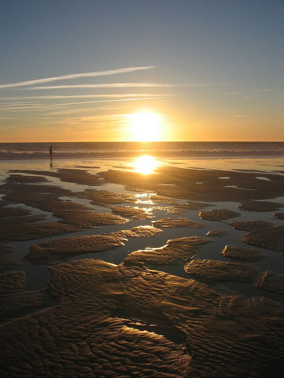 sunset, backlighting, sea, beach, ebb, sand, sandbanks, abendstimmung, most beach, romance