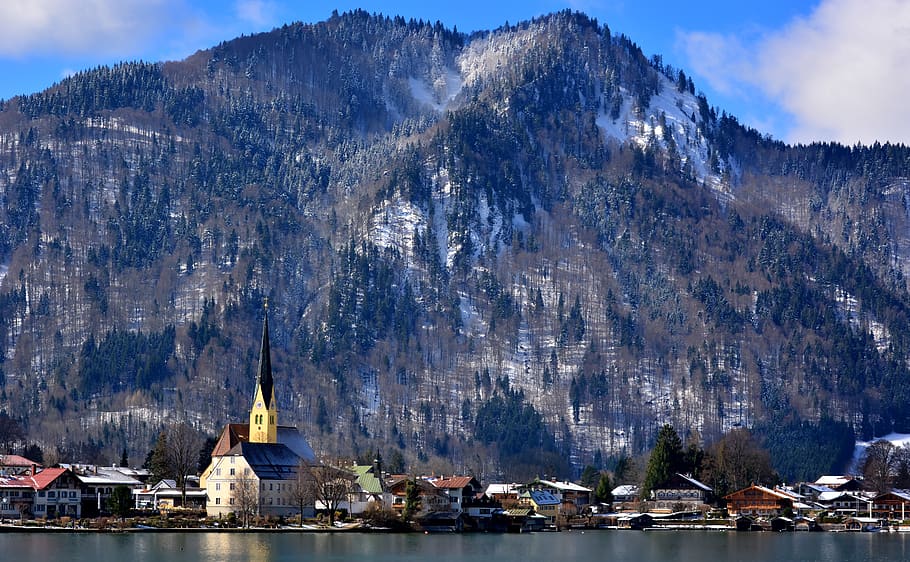 naturaleza, invierno, nieve, ciudad, lago, montañas, Bayern, Alemania, Alpes, montaña